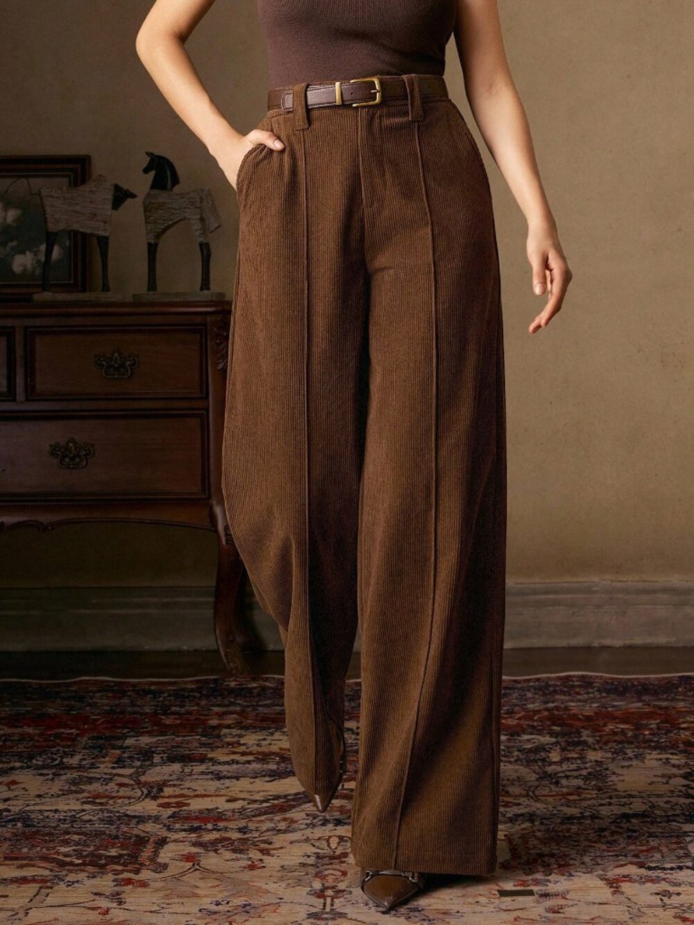 Brown Casual Women's Corduroy Trousers with Design Belt - Picture 1 of 7